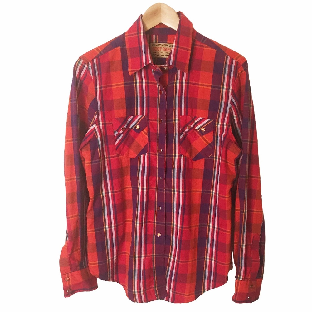 BOOT BARN Orange Plaid Pearl Snap Western Shirt